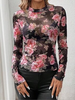 ShopEvelynne Black Sheer Floral Long-Sleeve Top with Pink Roses